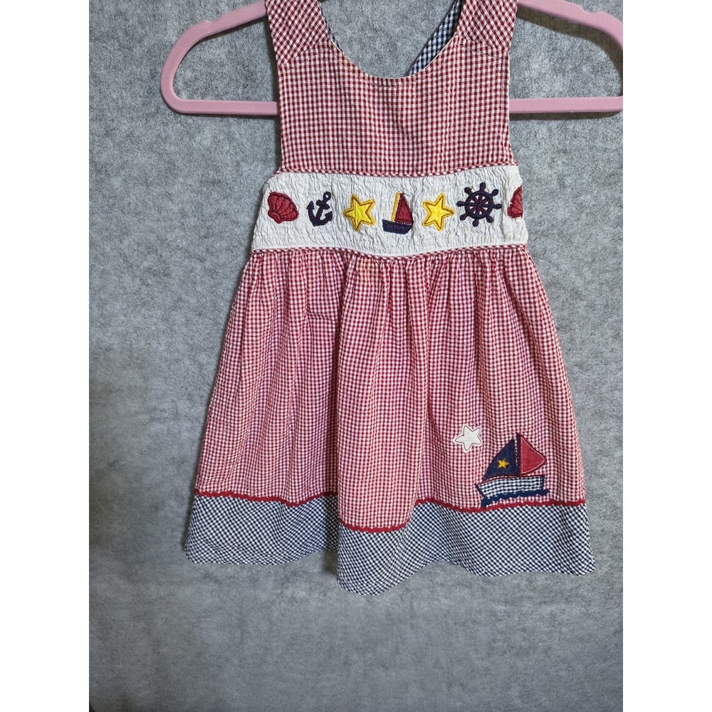 Vtg BT Kids Sz 5 Seersucker Red Blue White Dress Patriotic Summer Sailboat Lined